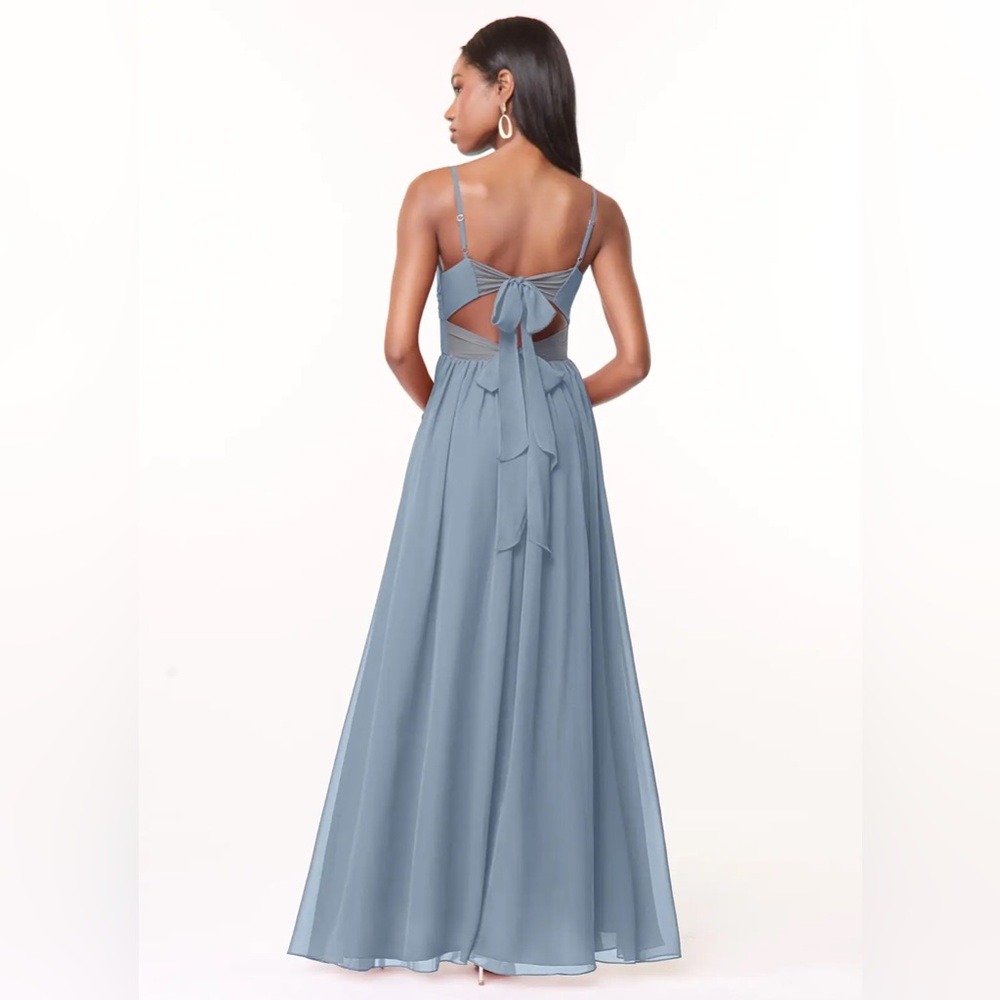 NWT Azazie Zeya Dusty Blue Ruched Chiffon Maxi Dress Bridesmaid Gown Women's A12 - Picture 4 of 8